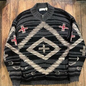 Orvis Men's Black and Gray Geometric Zip-Up Sweater